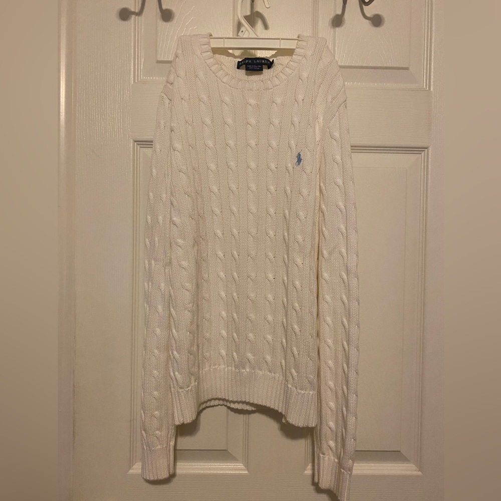 Ralph Lauren Cable-Knit Cotton Crewneck Sweater, Large white with pale blue logo